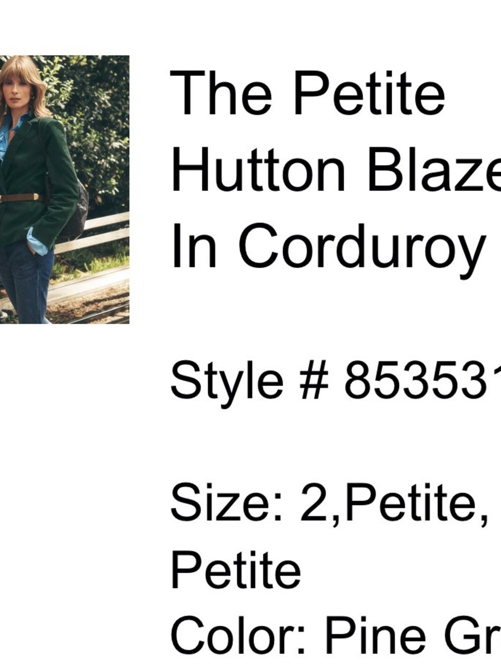 Ann Taylor Petite Hutton Forest Green Corduroy Tailored Blazer - Picture 5 of 7